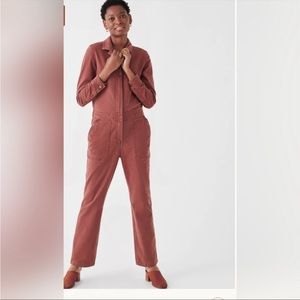 Faherty Overland Twill Jumpsuit in Henna Wide Leg Zip Collared Organic Cotton S